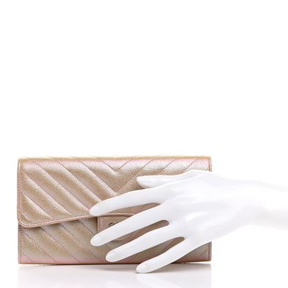 Chanel Iridescent Caviar Chevron Quilted Large Gusset Flap Wallet Light Pink 2 of 9