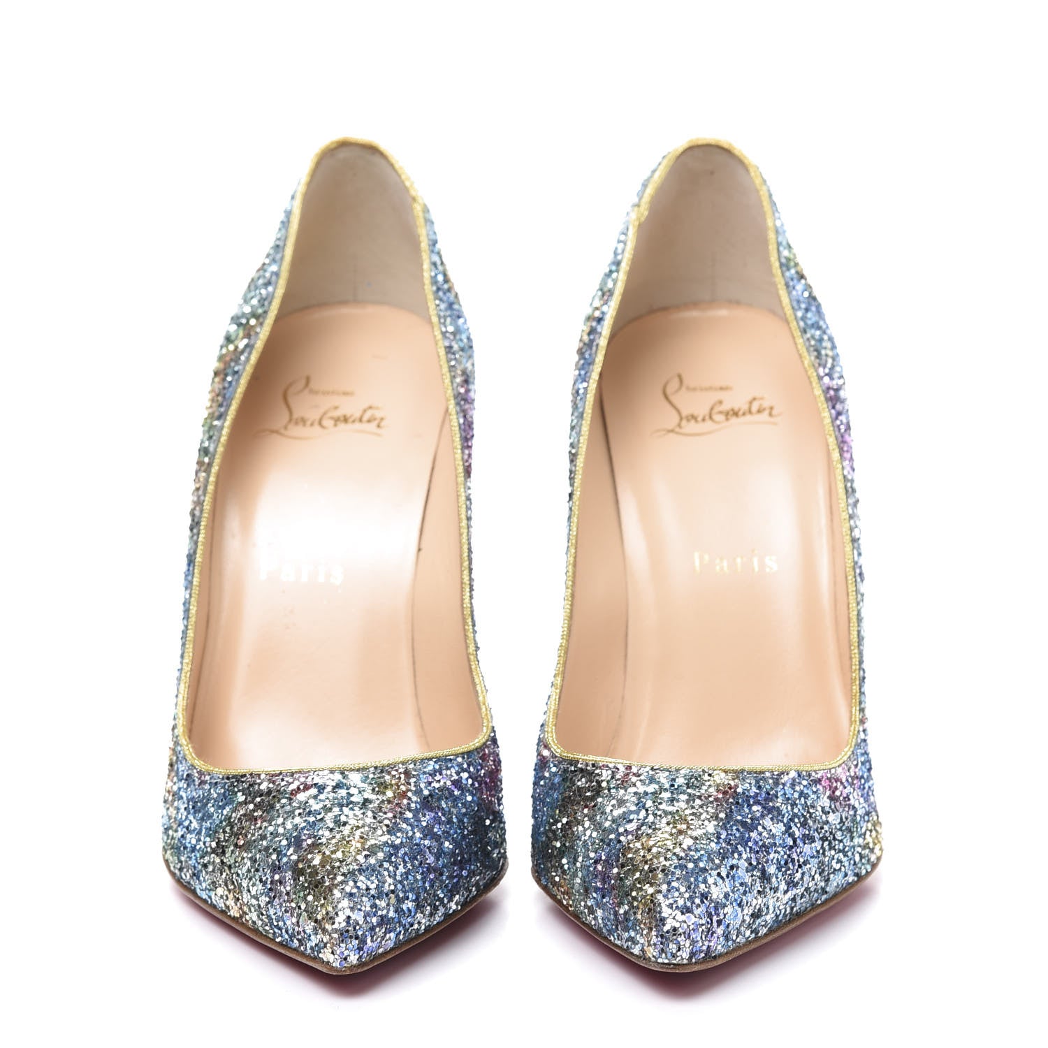 Christian Louboutin Glitter Aqua Ruban Met Pigalle Follies 100 Pumps 37.5 Horizon Gold 2 of 9
