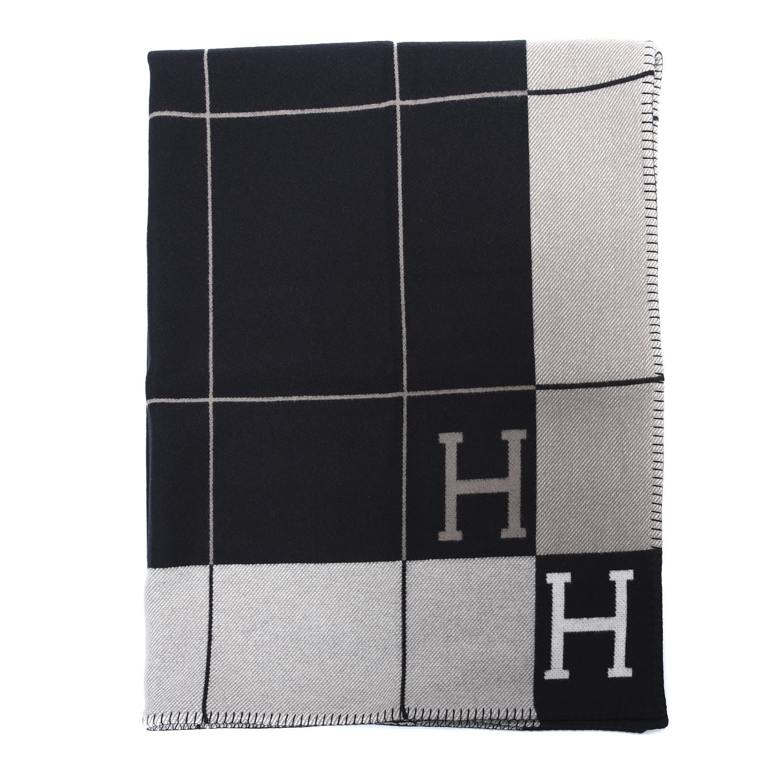 Hermes Wool Cashmere Avalon III Blanket Ecru Black 1 of 3