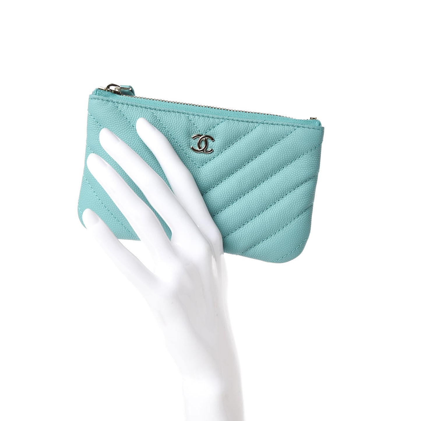 Caviar Chevron Quilted Small Cosmetic Case Green