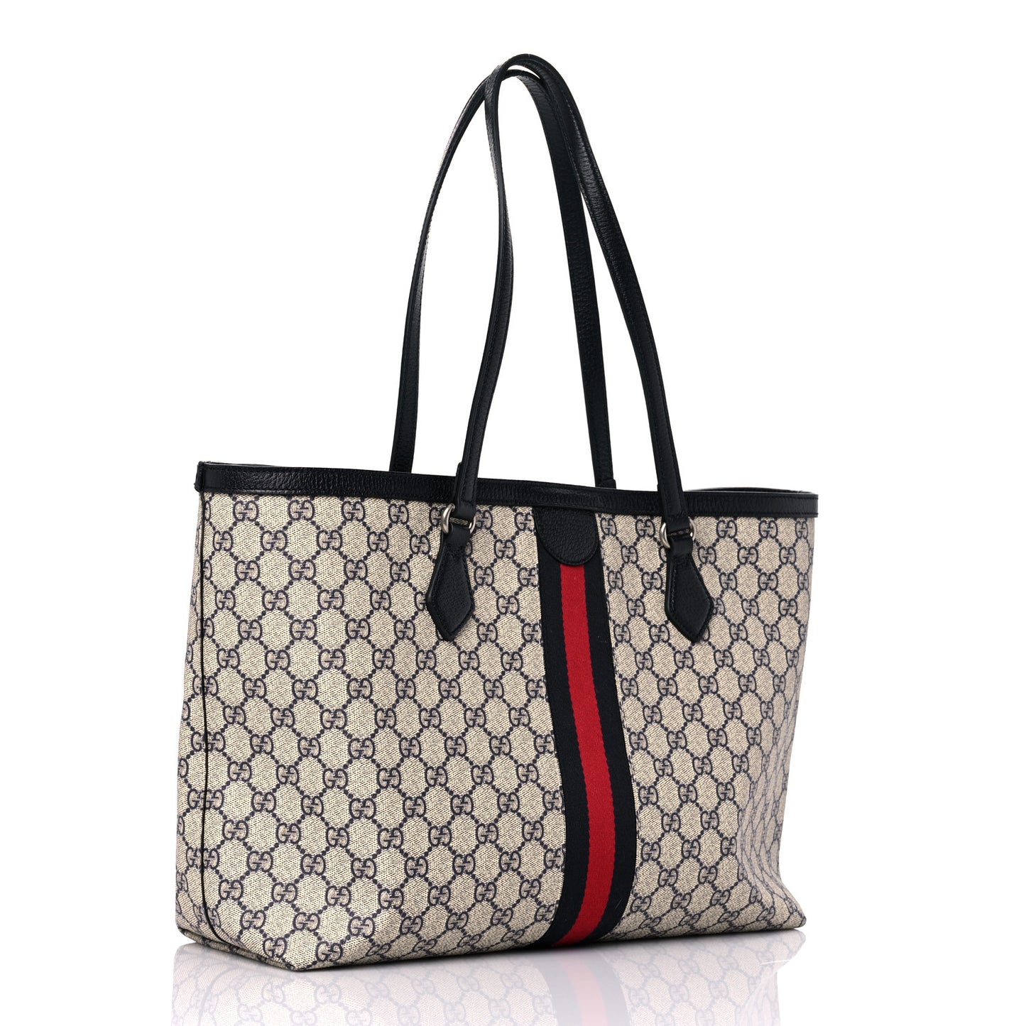 GG Supreme Monogram Textured Calfskin Web Medium Ophidia Shopping Tote Beige Blue