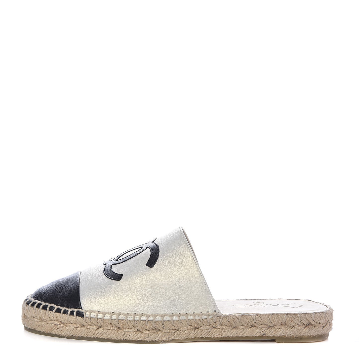 Iridescent Goatskin CC Espadrille Mules 39 Ivory Black