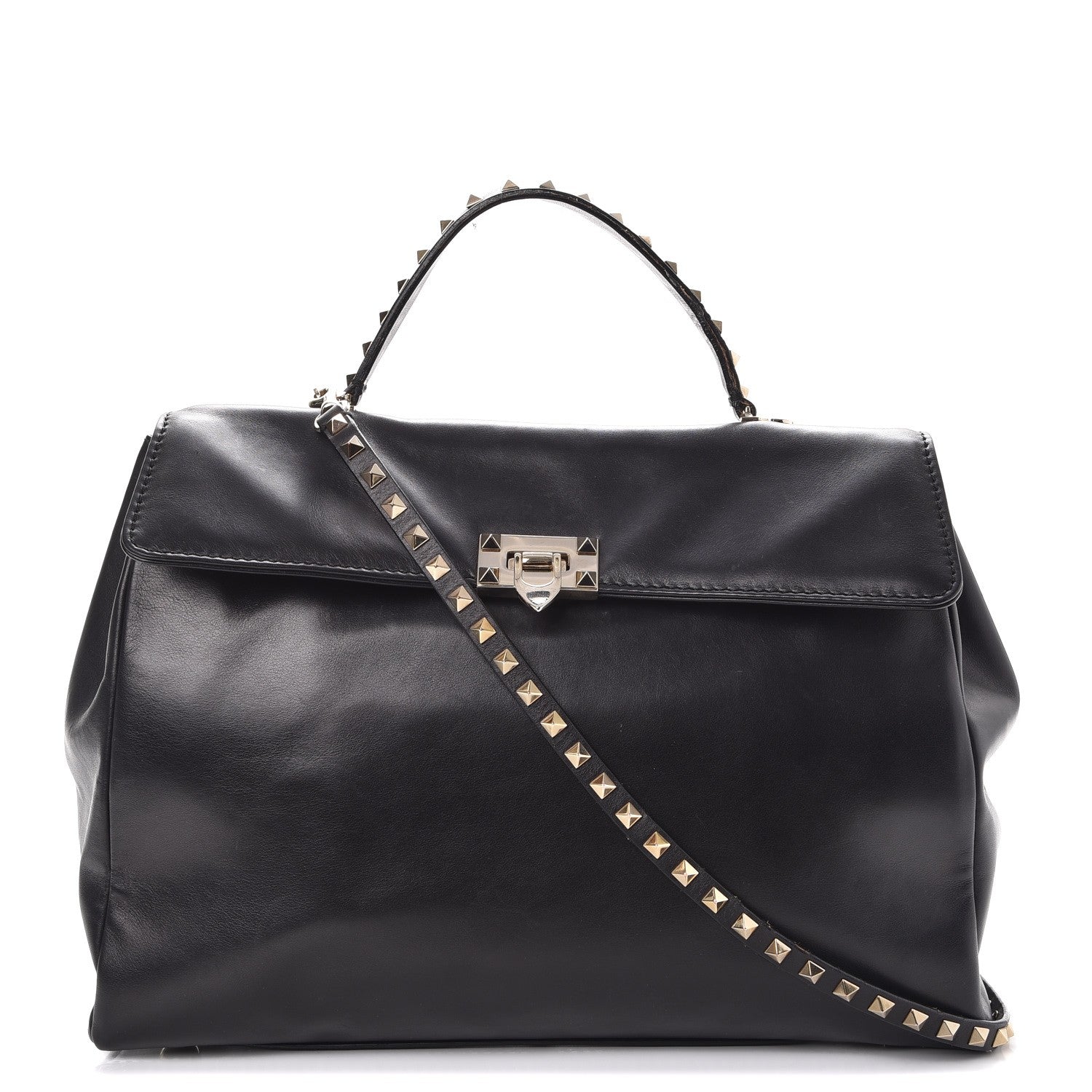 Valentino Garavani Vitello Large Rockstud Single Handle Flap Satchel Black 1 of 15