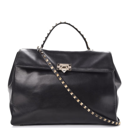Valentino Garavani Vitello Large Rockstud Single Handle Flap Satchel Black 1 of 15