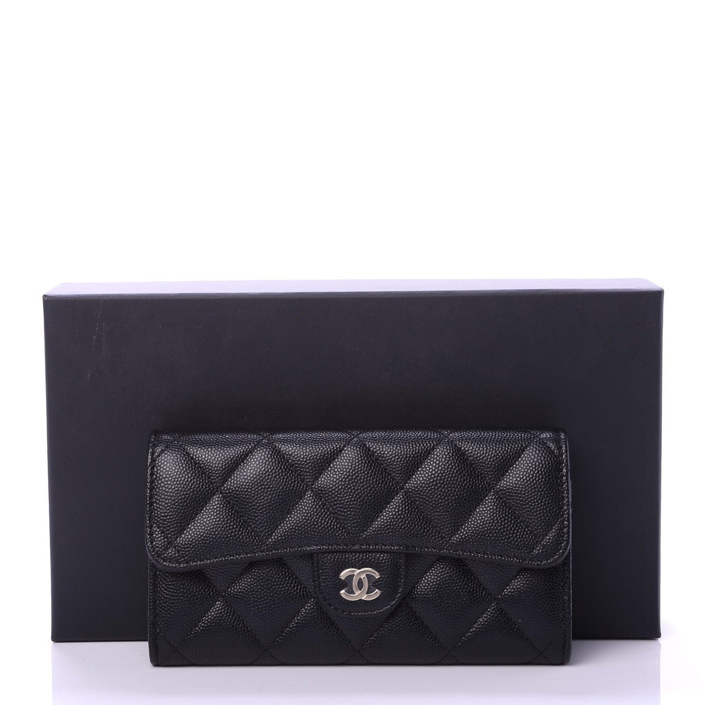 Caviar Quilted Medium Gusset Flap Wallet Black
