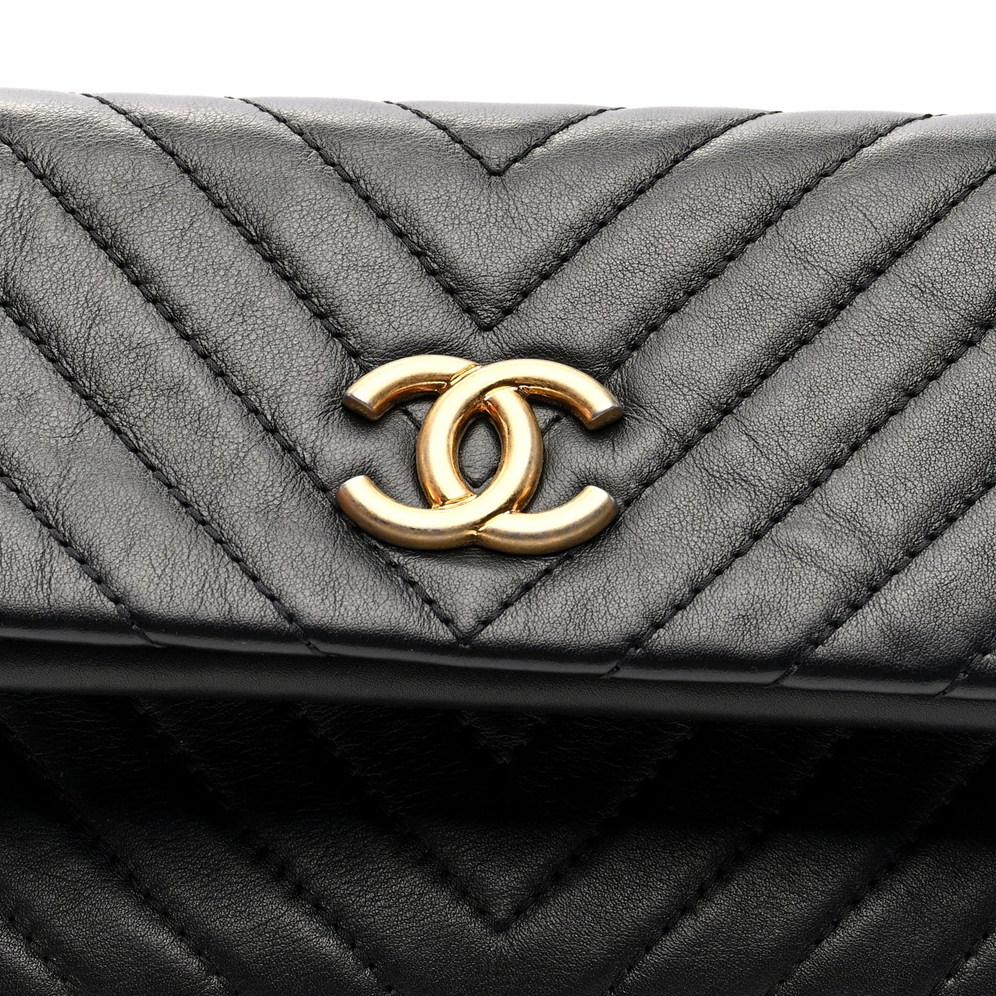 Lambskin Chevron Quilted Fold Over Clutch Black