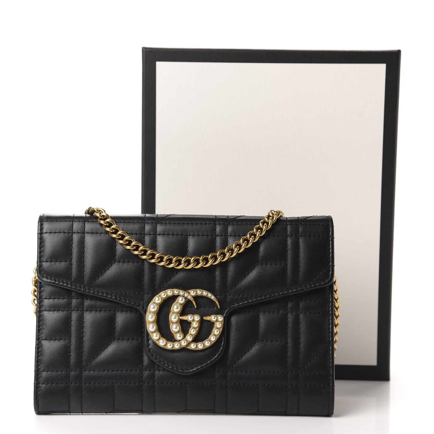 Calfskin Matelasse Mini Pearly GG Marmont Chain Wallet Black