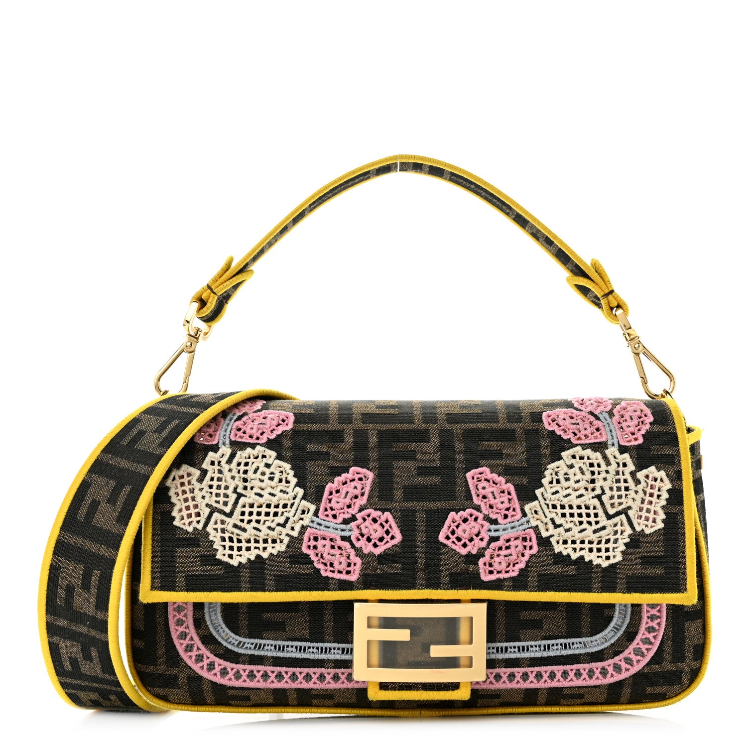 Fendi Fabric Jacquard FF Floral Embroidered Baguette Tobacco Moro Multicolor 1 of 11