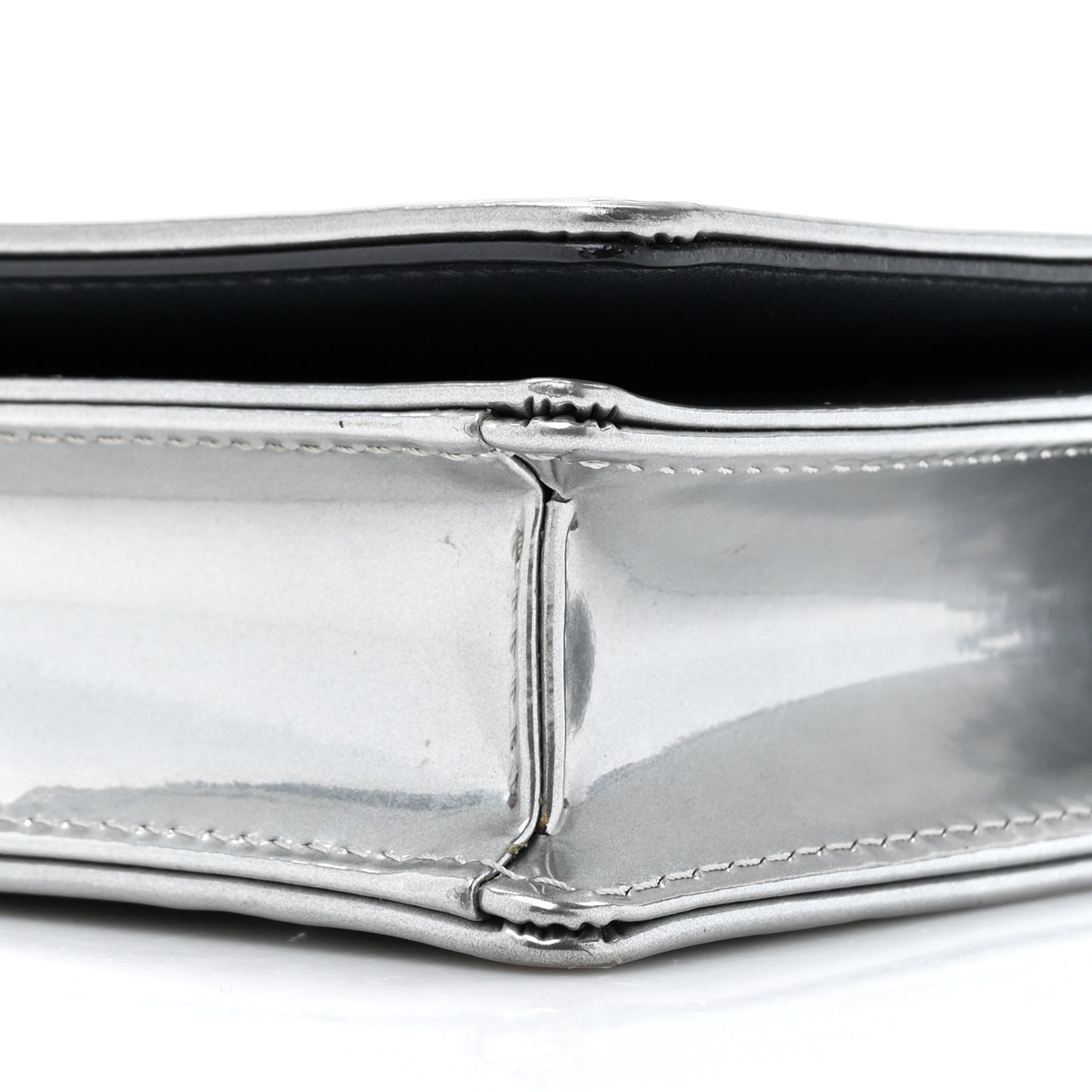 Metallic Patent Micro-Cannage Diorama Wallet on Chain Pouch Silver