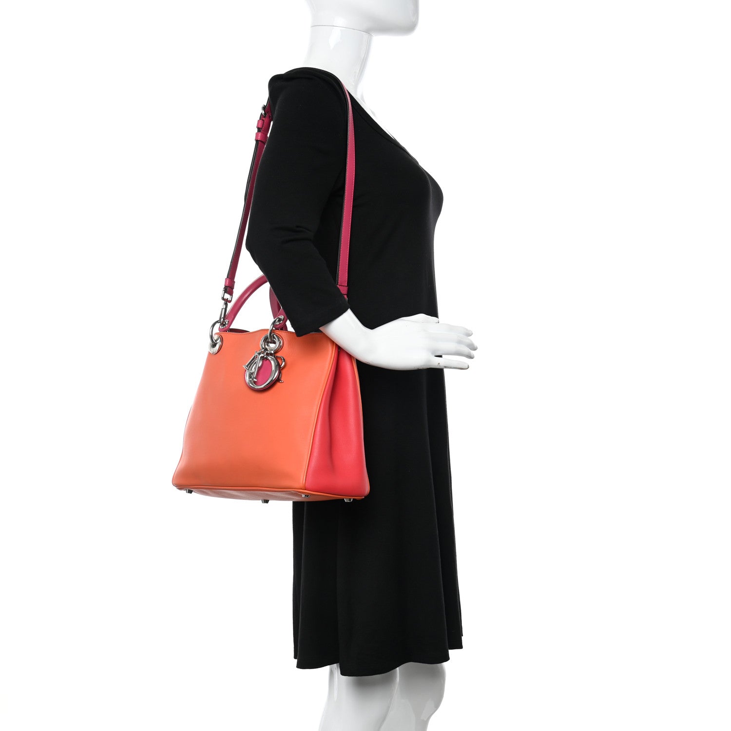 Christian Dior Smooth Calfskin Medium Tri-Color Diorissimo Tote Orange Fuchsia Red 2 of 16