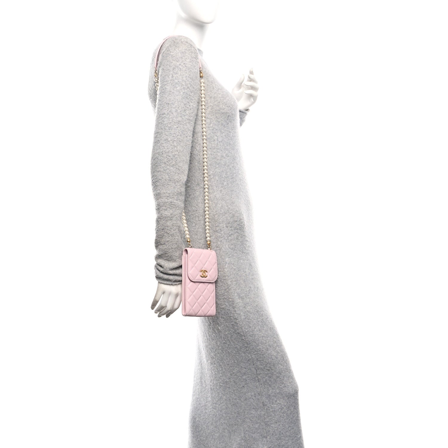 Chanel Lambskin Quilted Pearl Phone Holder With Chain Pink 2 of 11