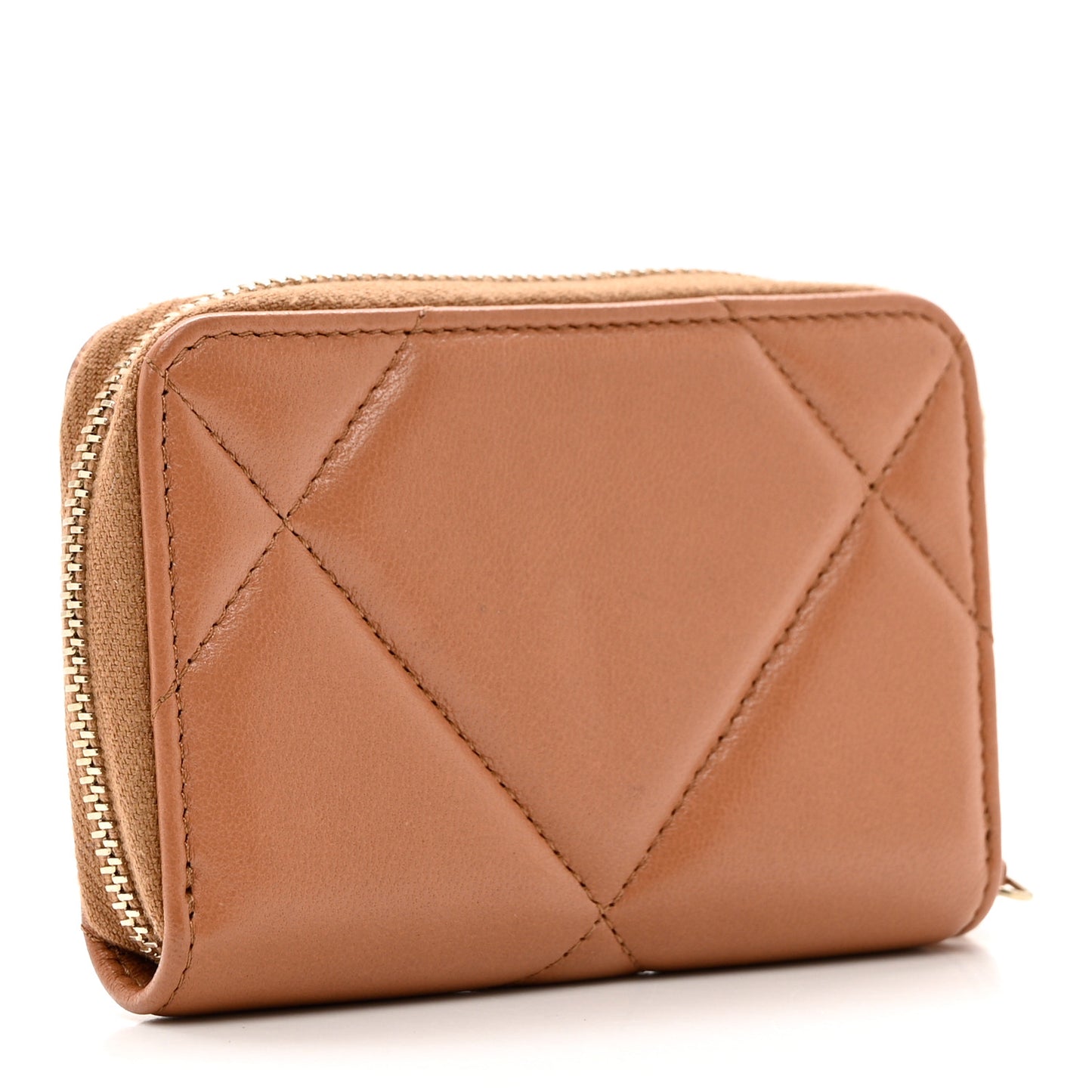 Lambskin Quilted Chanel 19 Zip Around Coin Purse Wallet Brown