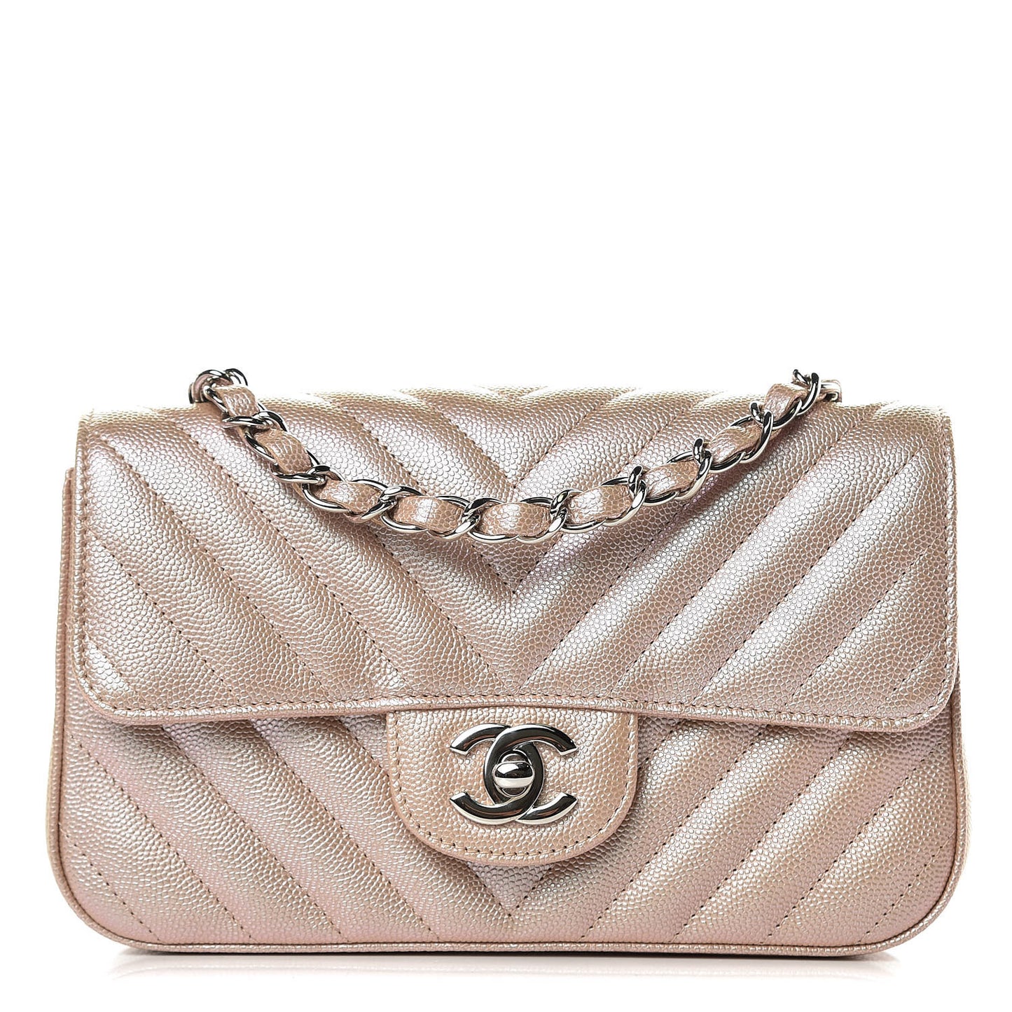 Iridescent Caviar Chevron Quilted Mini Rectangular Flap Light Gold