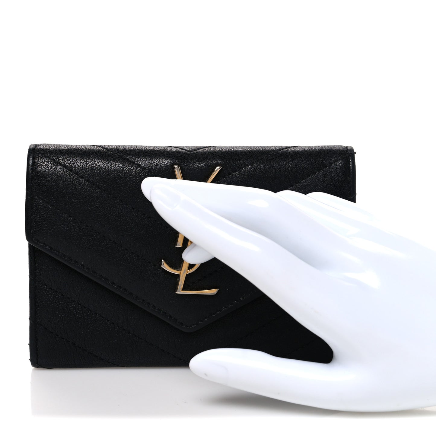 Sheepskin Matelasse Chevron Small Monogram Envelope Wallet Black