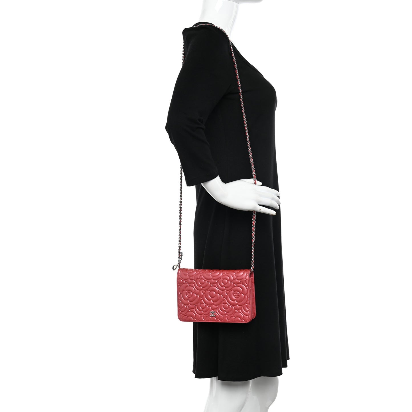 Goatskin Camellia Embossed Wallet On Chain WOC Pink