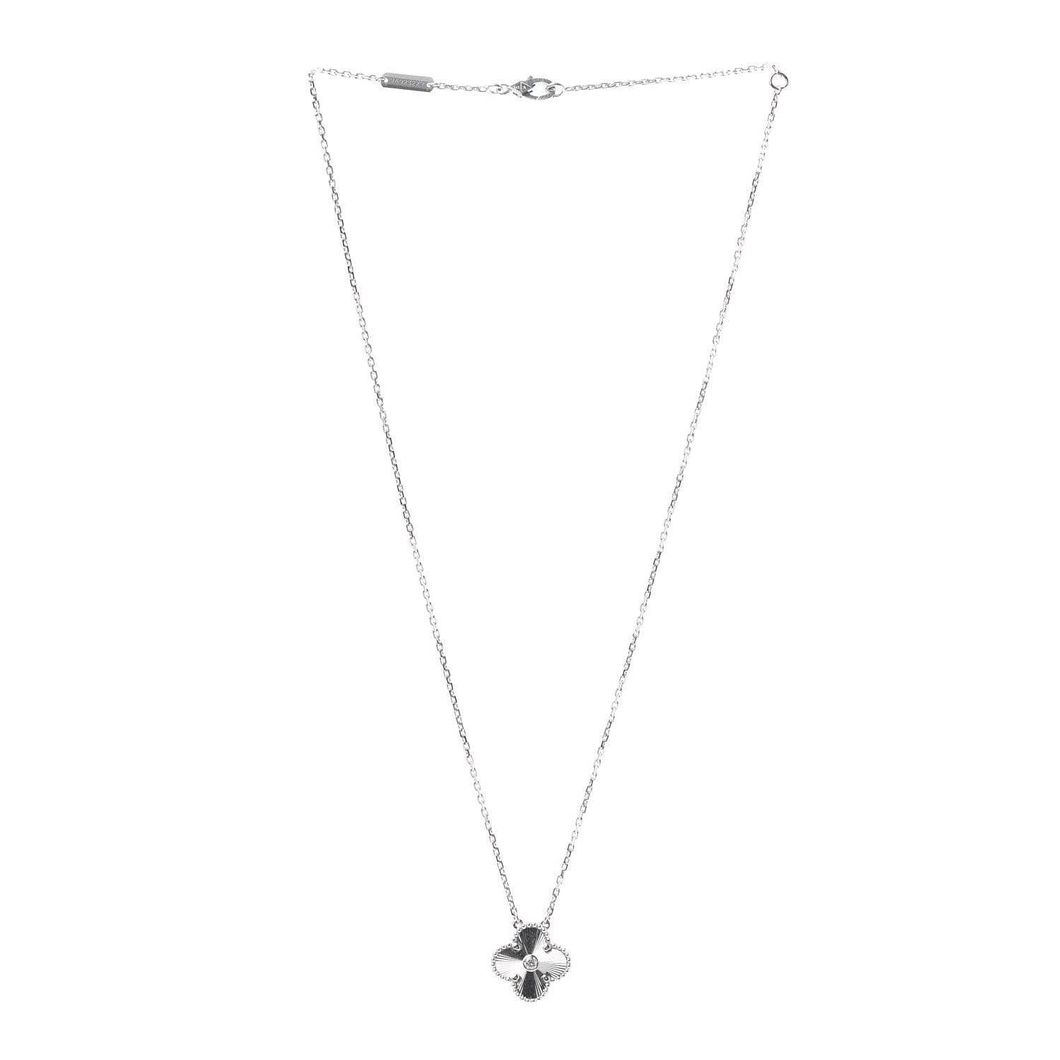 Van Cleef & Arpels 18K White Gold Diamond Guilloche Vintage Alhambra Pendant Necklace 3 of 8