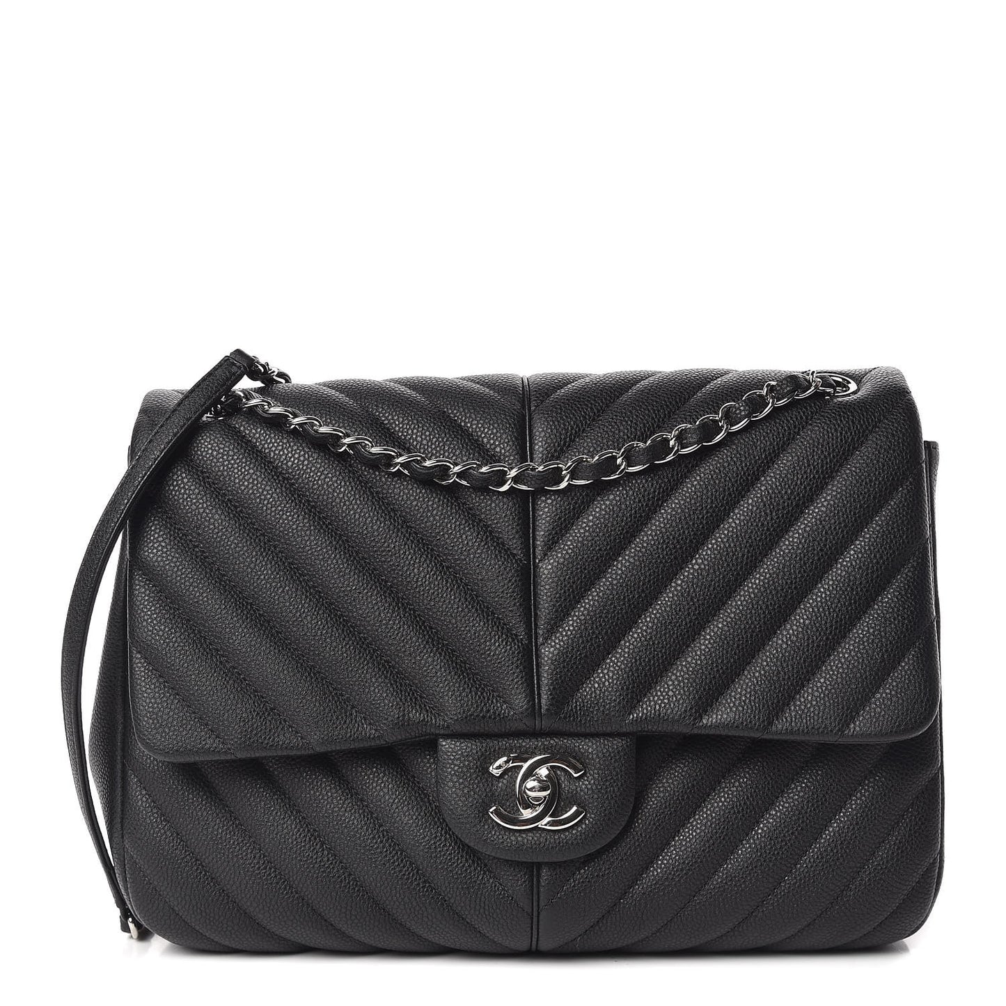 Caviar Chevron Quilted Large Puffy CC Flap Black