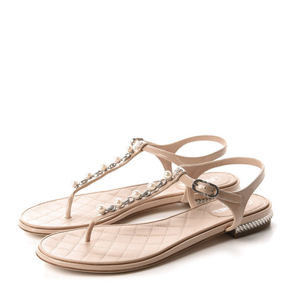 Chanel Patent Pearl CC Thong Sandals 36.5 Beige 3 of 12