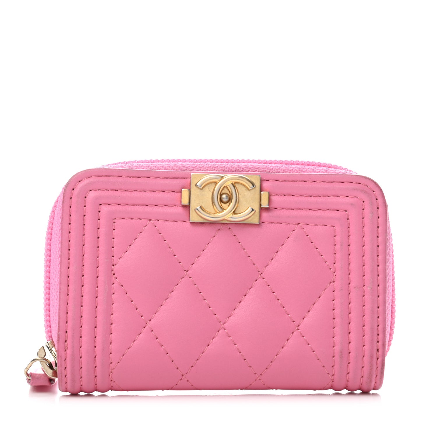 Calfskin Quilted Boy Zip Around Coin Purse Wallet Fuchsia