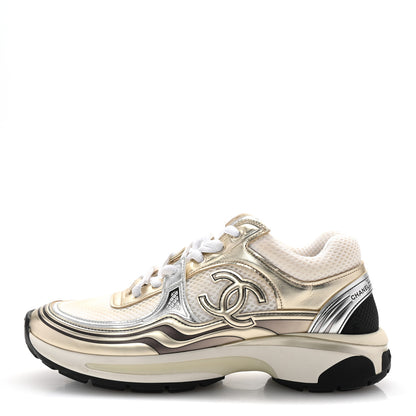 Chanel Fabric Laminated Calfskin Stretch CC Sneakers 38.5 White Gold Silver 1 of 10