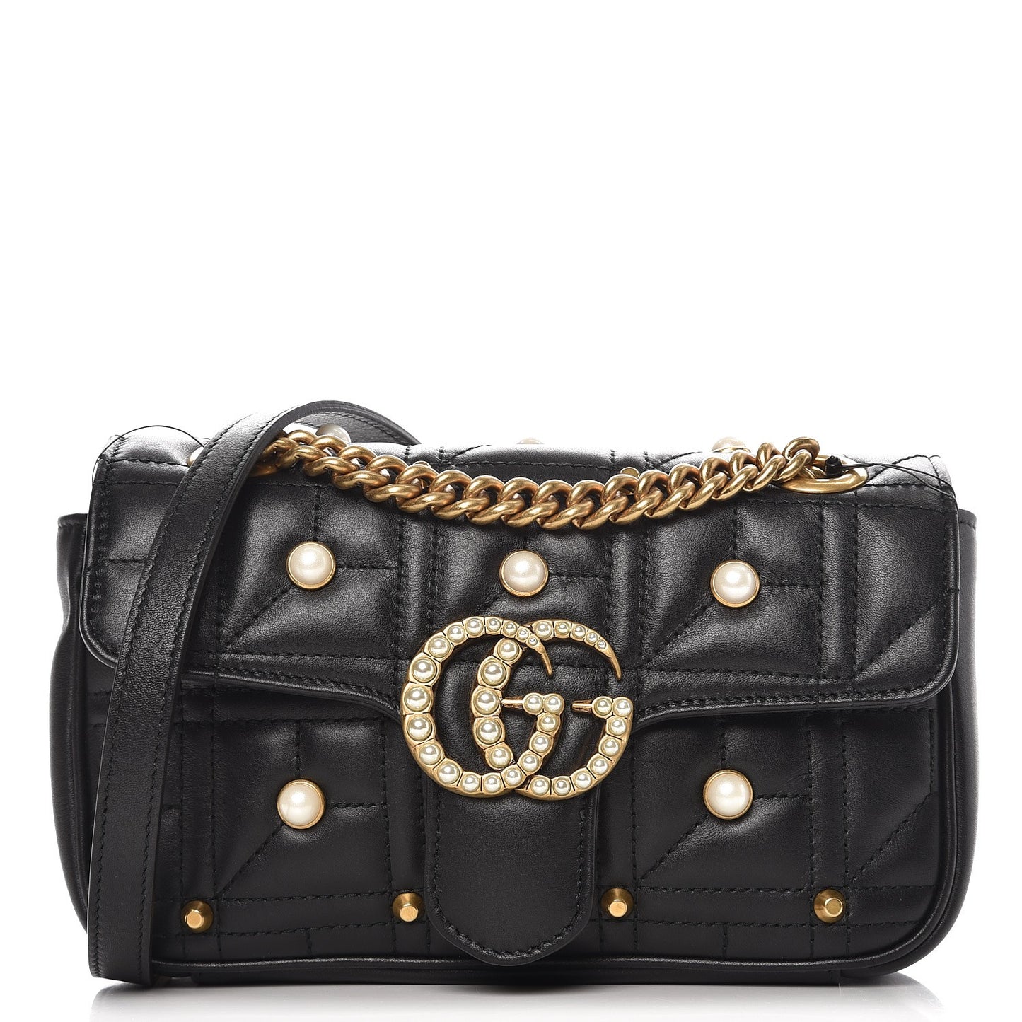 Calfskin Matelasse Studded Mini Pearly GG Marmont Shoulder Bag Black