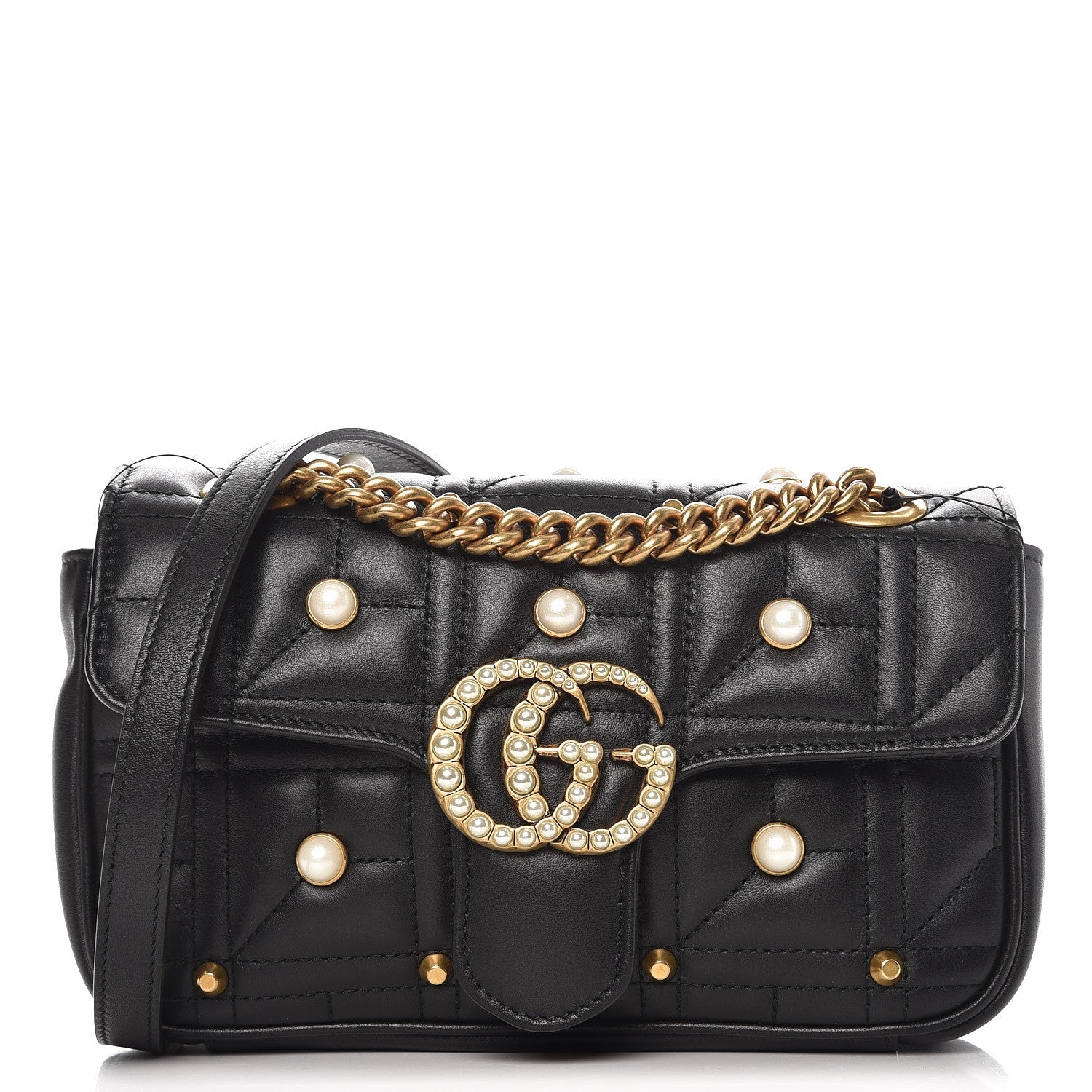 Gucci Calfskin Matelasse Studded Mini Pearly GG Marmont Shoulder Bag Black 1 of 7