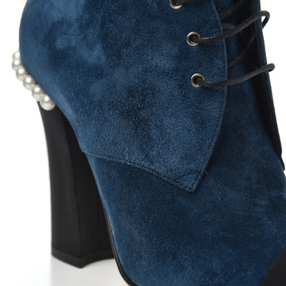 Chanel Suede Grosgrain Pearl Lace Up Booties 37 Dark Blue Black 9 of 16