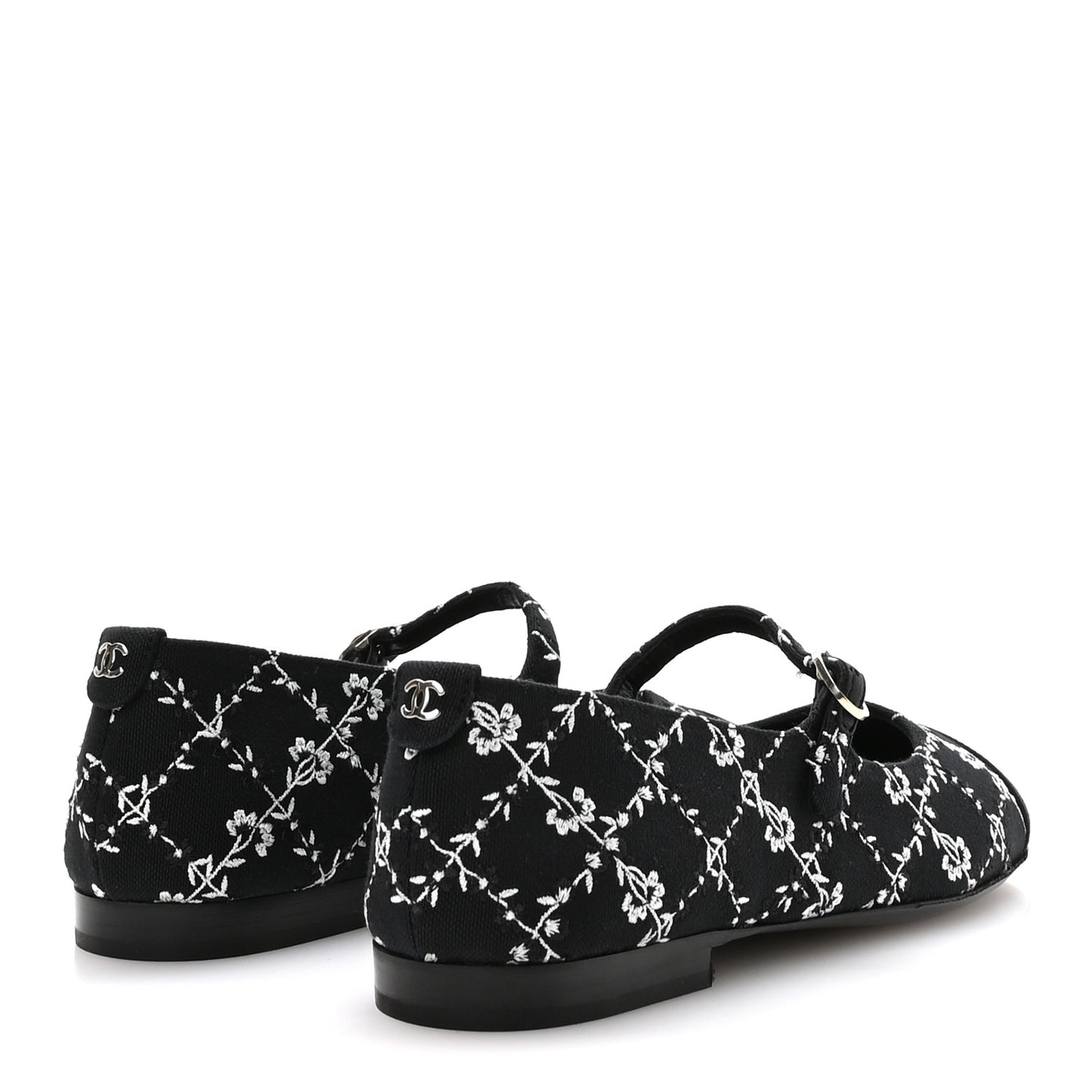 Grosgrain Floral Embroidered CC Cap Toe Ballerina Flats 37 Black White