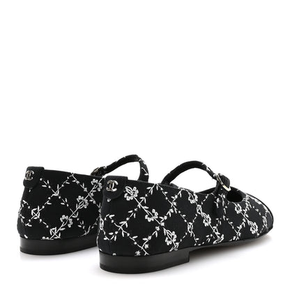 Chanel Grosgrain Floral Embroidered CC Cap Toe Ballerina Flats 37 Black White 5 of 9