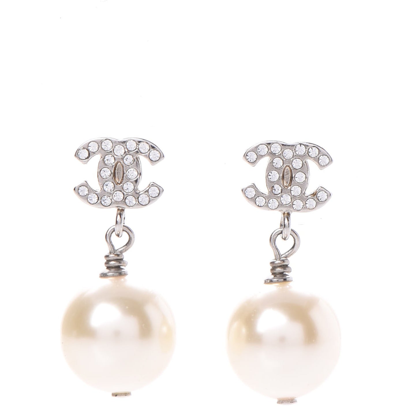 Crystal Pearl CC Drop Earrings Silver