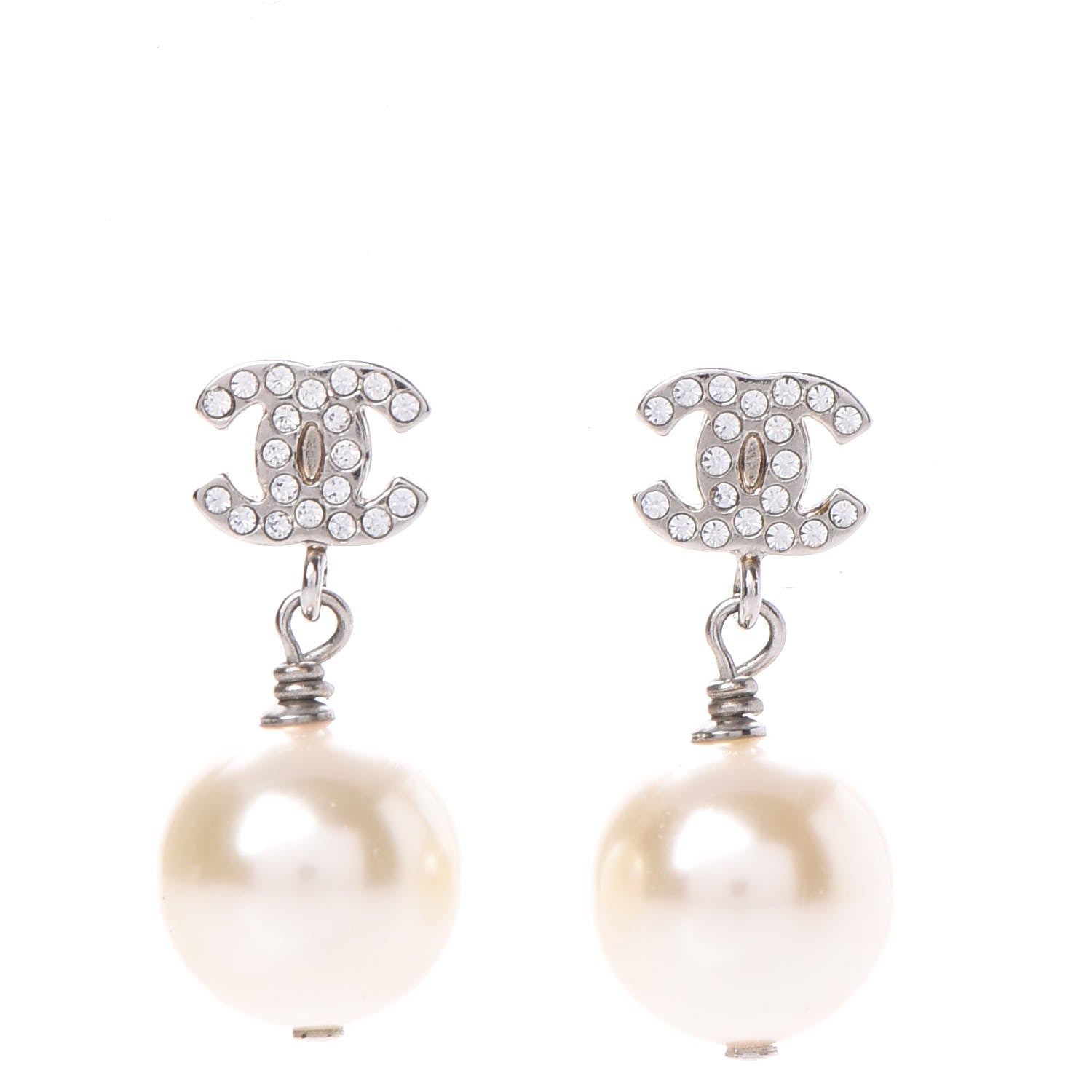Chanel Crystal Pearl CC Drop Earrings Silver 1 of 5