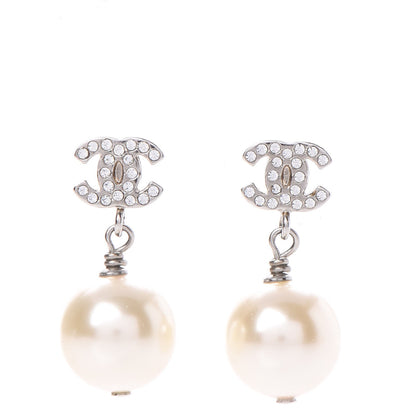 Chanel Crystal Pearl CC Drop Earrings Silver 1 of 5