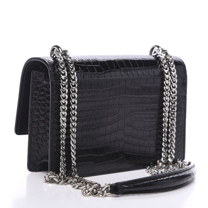 Saint Laurent Calfskin Crocodile Embossed Monogram Sunset Chain Wallet Black 2 of 8