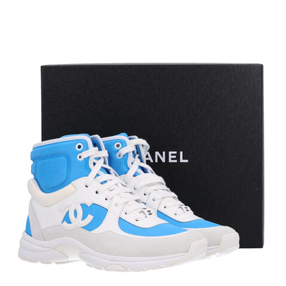 Chanel Suede Calfskin Lambskin High Top CC Sneakers 37.5 White Blue 11 of 11