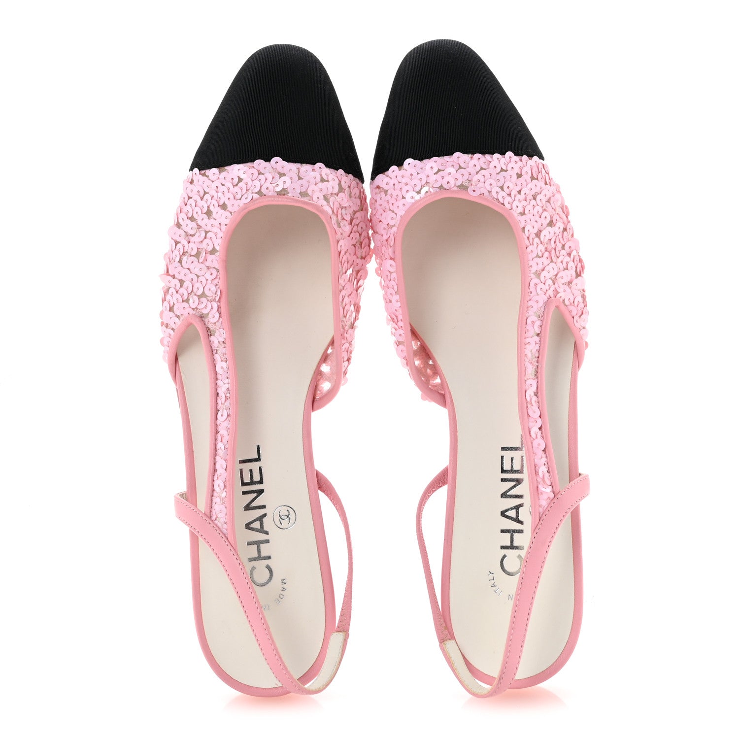 Chanel Sequins Satin Cap Toe CC Slingback Flat 38.5 Pink Black 2 of 10