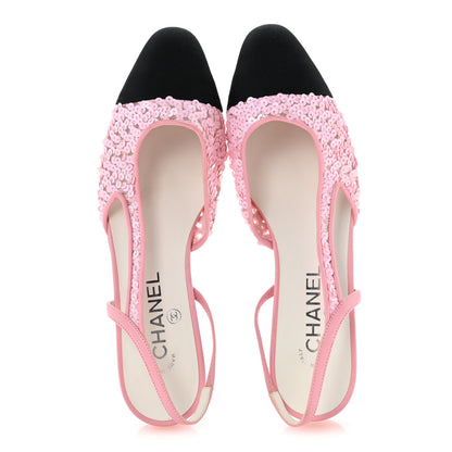 Chanel Sequins Satin Cap Toe CC Slingback Flat 38.5 Pink Black 2 of 10
