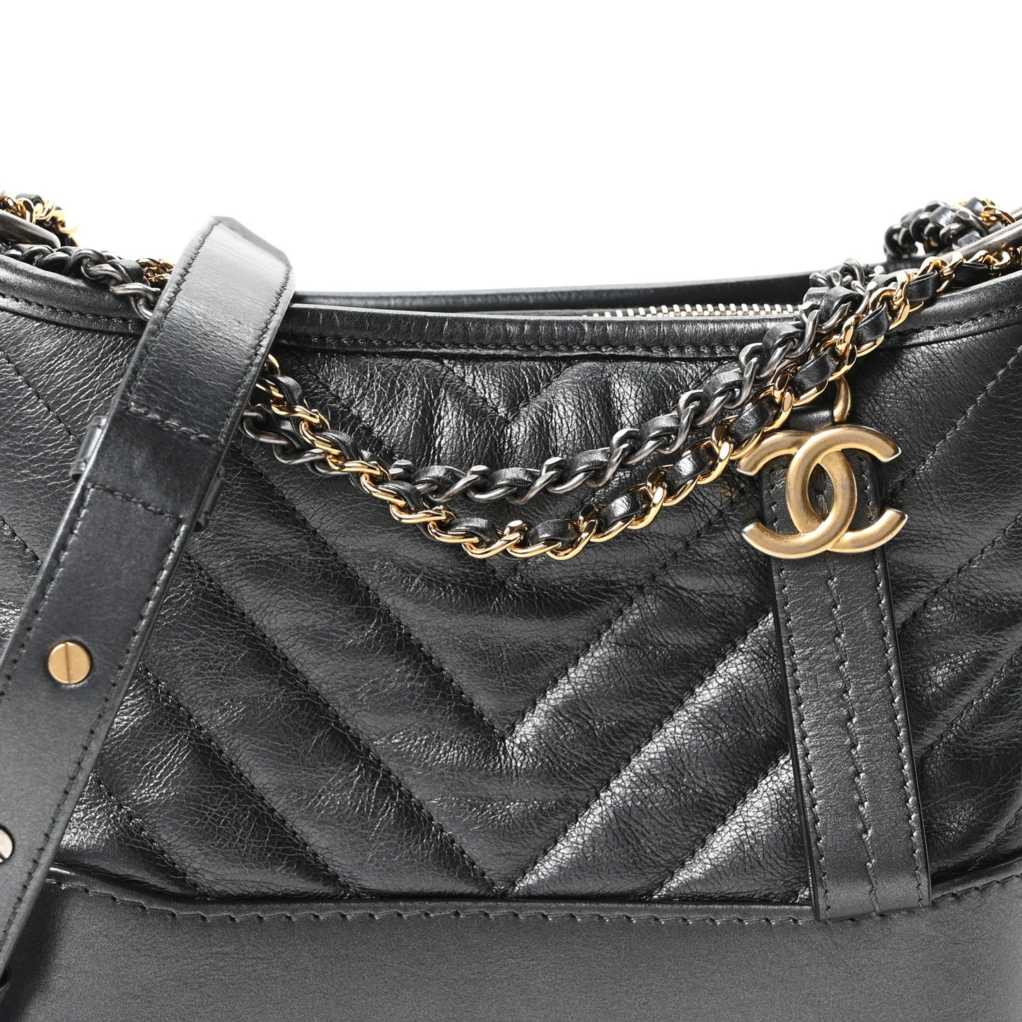 Metallic Aged Calfskin Chevron Quilted Small Gabrielle Hobo Dark Grey