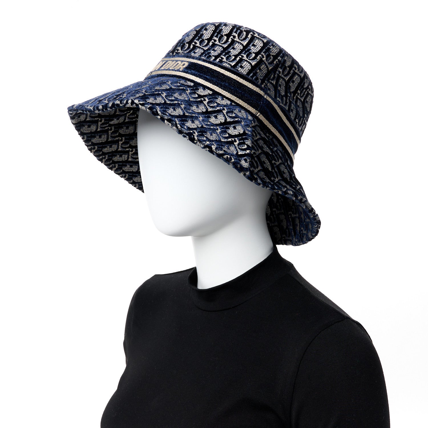 Christian Dior Velvet Oblique Large Brim Bucket Hat 57 Bleu Marine 2 of 9