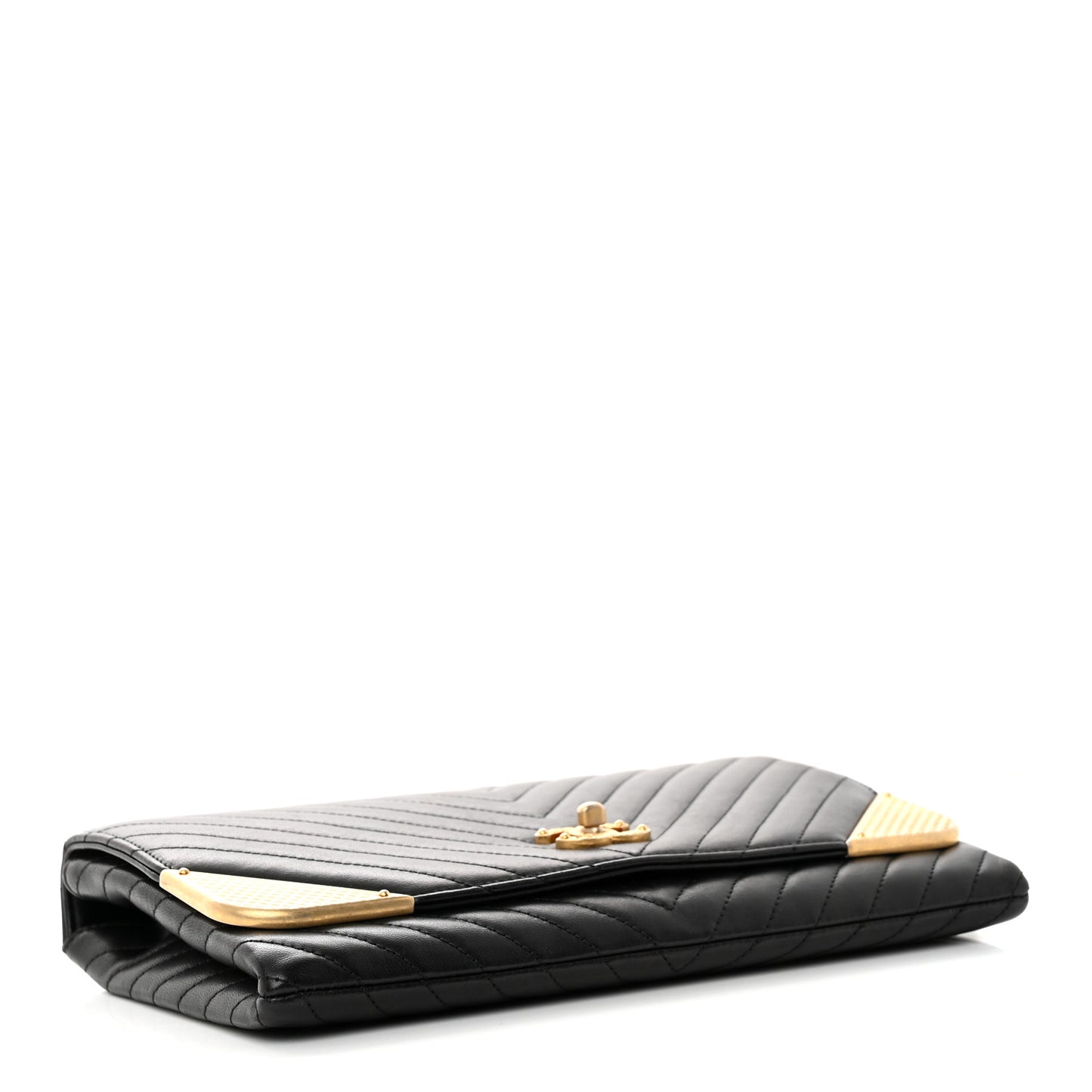 Calfskin Chevron Quilted Rock The Corner Clutch With Chain Black