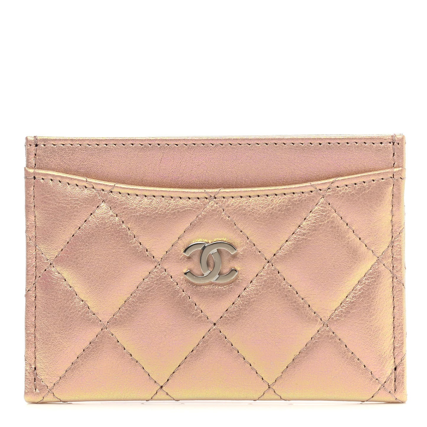 Iridescent Calfskin Quilted Card Holder Pink