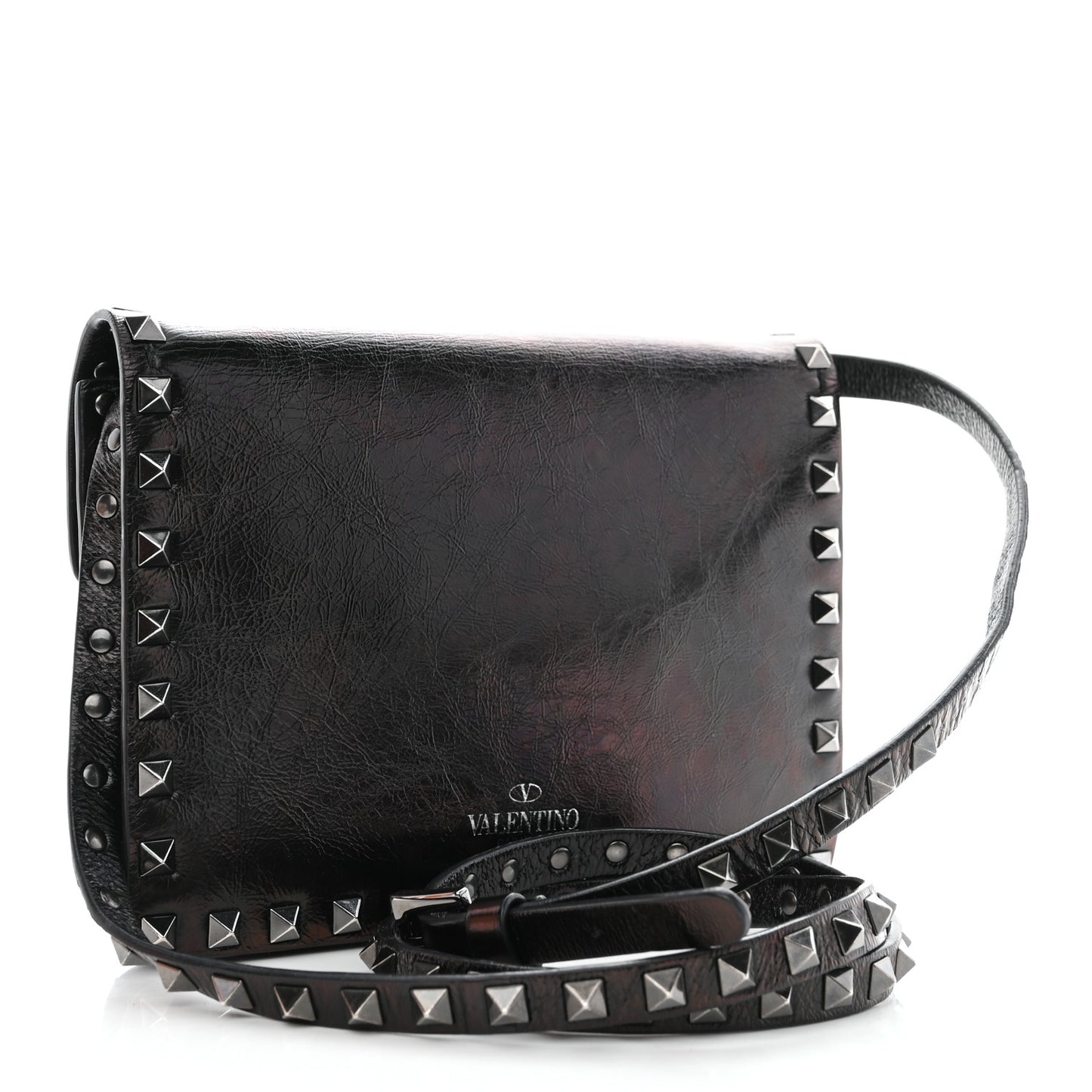 Craquele Calfskin Rockstud Shoulder Flap Bag Black