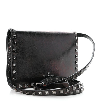 Valentino Garavani Craquele Calfskin Rockstud Shoulder Flap Bag Black 3 of 9