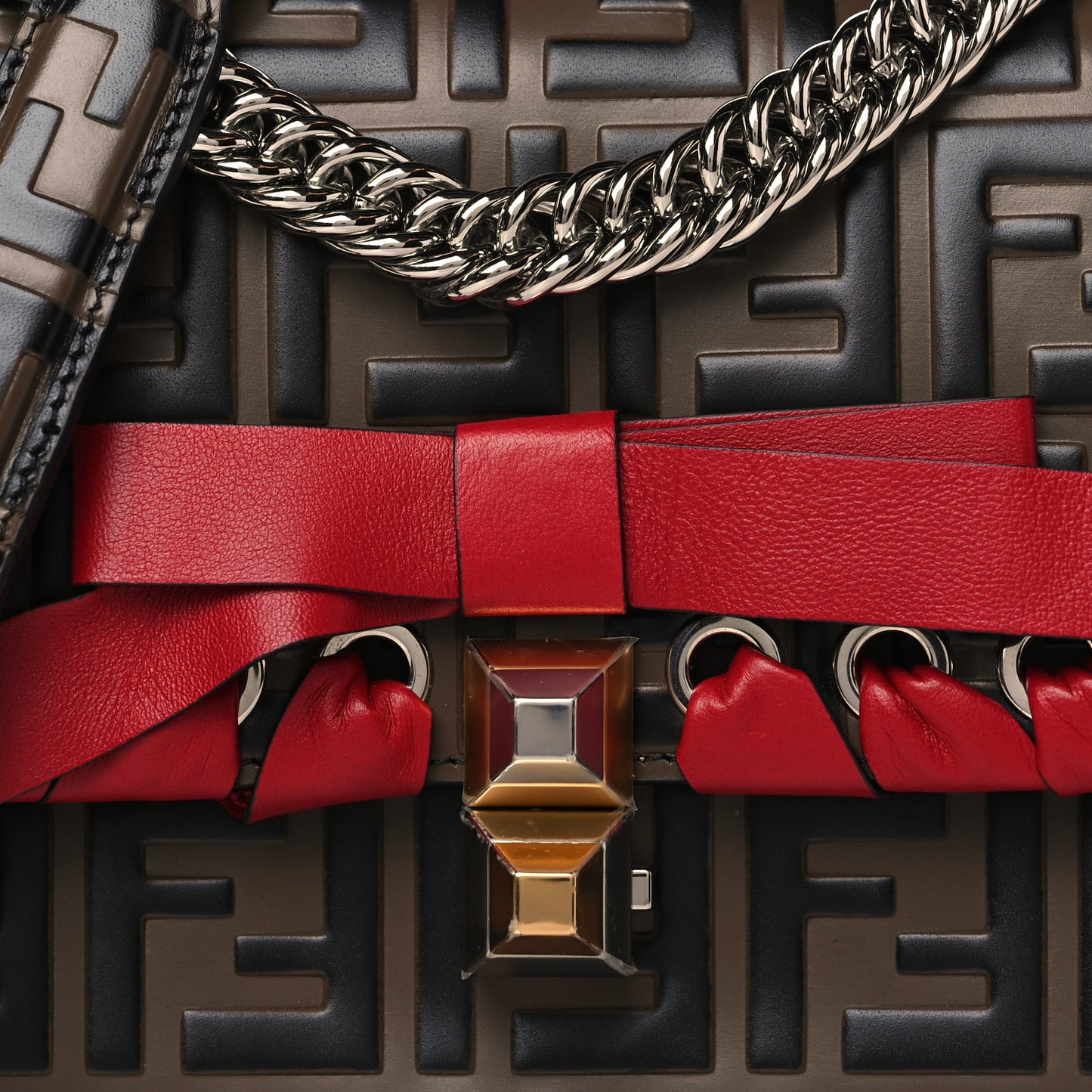 Vitello Shiny Nappa Bi-Color FF 1974 Lace Up Bow Embossed Small Kan I Shoulder Bag Maya Black Fragola