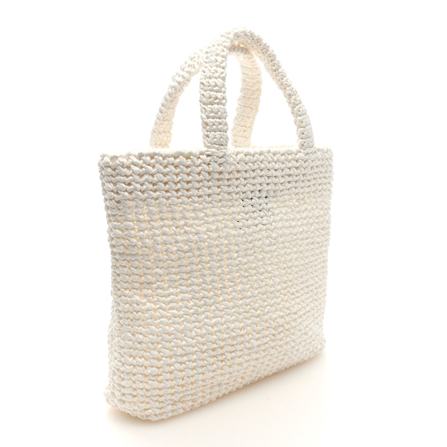 Prada Yarn Raffia Effect Crochet Embroidered Small Logo Tote White 3 of 10