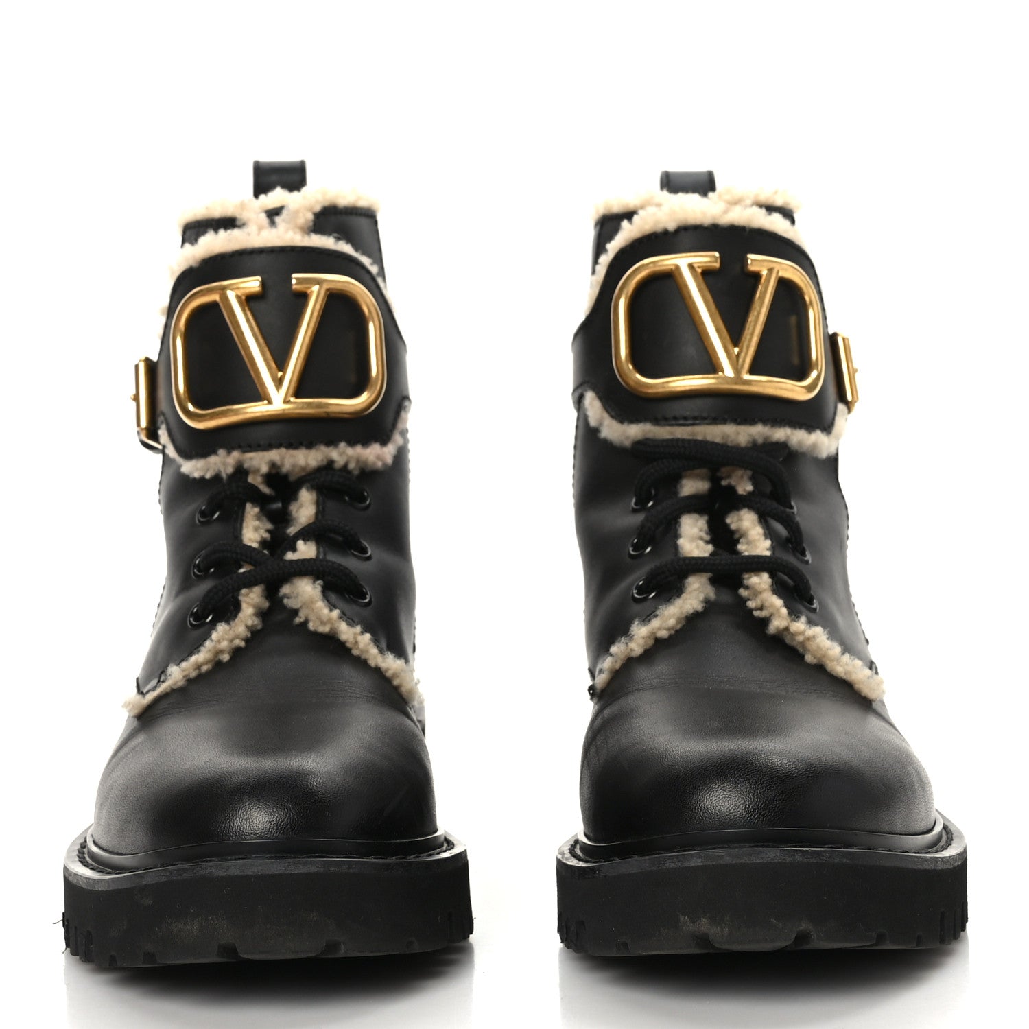 Valentino Garavani Calfskin Shearling Womens VLOGO 35mm Combat Boots 37.5 Black 2 of 7