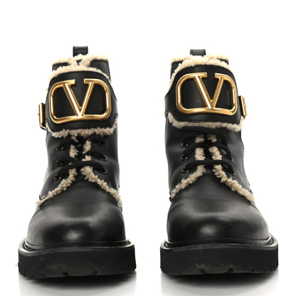 Valentino Garavani Calfskin Shearling Womens VLOGO 35mm Combat Boots 37.5 Black 2 of 7