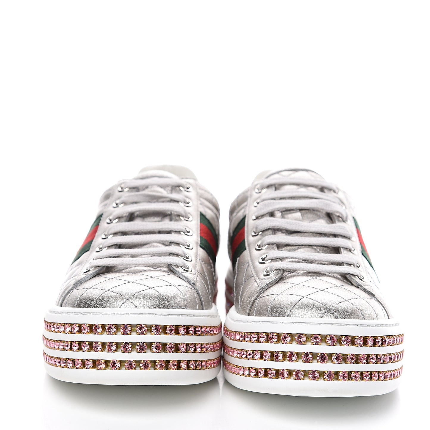 Laminated Nappa Crystal Web Bee Embroidered Trapuntata Womens Ace Platform Sneakers 37 Argento