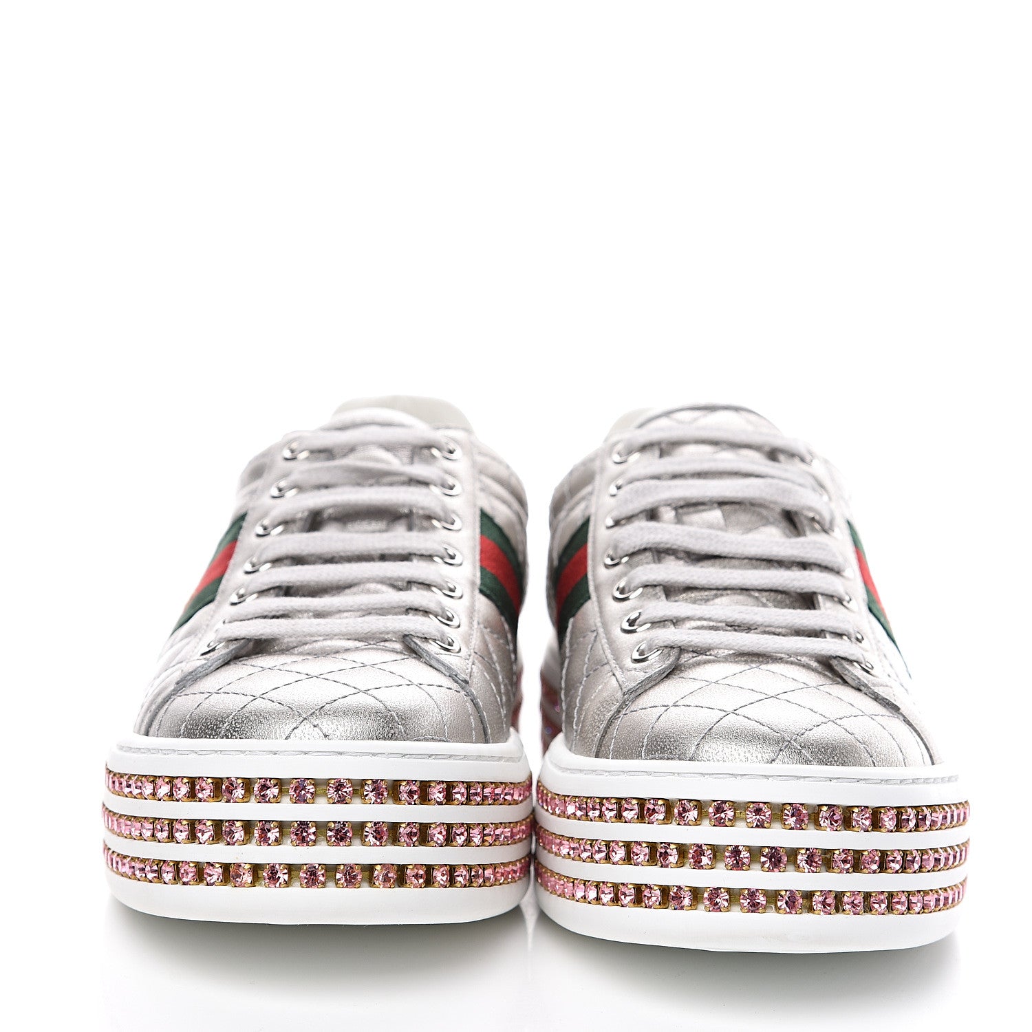 Gucci Laminated Nappa Crystal Web Bee Embroidered Trapuntata Womens Ace Platform Sneakers 37 Argento 2 of 8