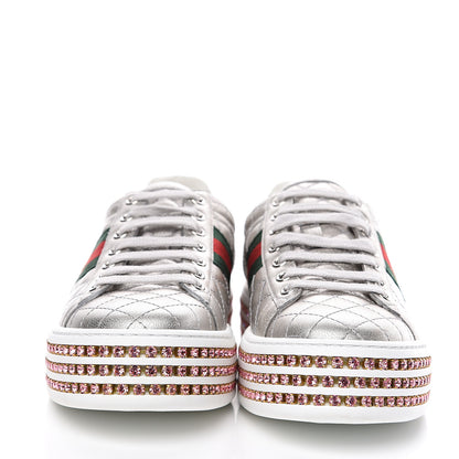 Gucci Laminated Nappa Crystal Web Bee Embroidered Trapuntata Womens Ace Platform Sneakers 37 Argento 2 of 8