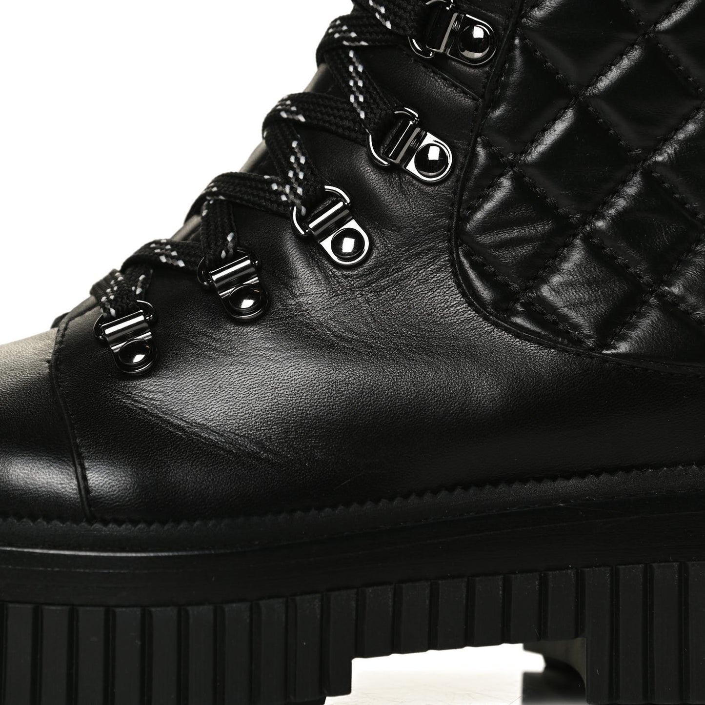 Calfskin Grosgrain Quilted Lace Up Boots 36.5 Black Grey